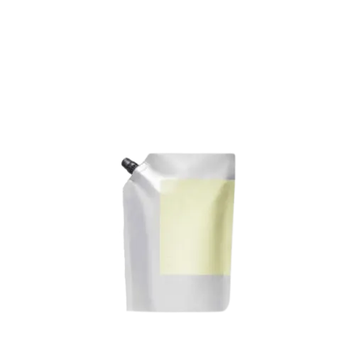 The image shows a 3.4oz PE Pouch Spouted Refill Pouch from Identipak. The pouch is white with minimalist design elements, featuring a spout at the top for easy dispensing. It appears to be made from flexible plastic material and is likely used for containing and dispensing liquid products. The overall design is clean and functional, suitable for various refillable liquid products.