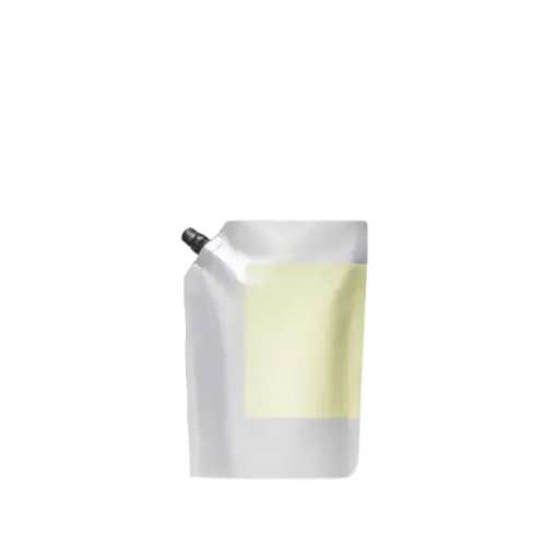 The image shows a 6.8oz PE Spouted Refill Pouch by Identipak. The pouch is primarily white with a spout on the top left corner for easy dispensing. It features a clean and minimalist design suitable for various liquid products. The pouch is standing upright, showcasing its flexible and sturdy material, with a smooth surface that can be easily labeled or printed on for branding purposes.