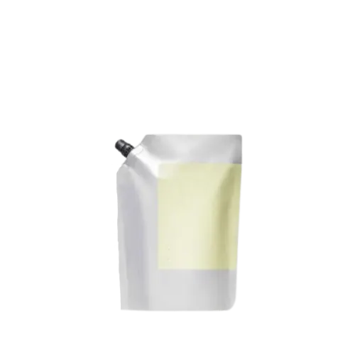 The image shows the Identipak 8.5oz PE Pouch Spouted Refill Pouch, 250ml. The pouch is predominantly white with a clean, minimalist design. It has a spout at the top right corner for easy dispensing of its contents. The overall shape of the pouch is rectangular with a slight taper towards the top. There are no visible labels or text on the pouch in the image provided. The spout is fitted with a cap to ensure the contents are securely sealed. The pouch appears to be freestanding due to its flat bottom design.