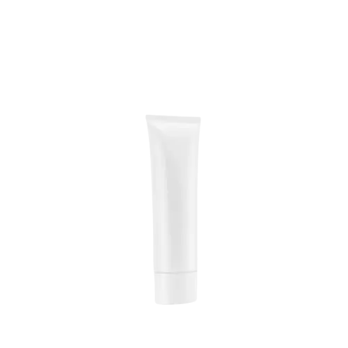 The image features the Burhani Packaging Solutions 1.1oz PE Tube ABL Oval. This is a small, cylindrical tube with a sleek, oval shape designed for holding and dispensing cosmetic or personal care products. The tube has a smooth, white surface with no visible labels or branding, and it is capped with a matching white screw-on cap that ensures the contents are securely sealed. The overall design is simple and functional, making it a versatile packaging option.
