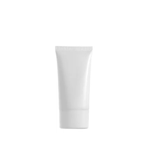The image shows Burhani Packaging Solutions' 2.7oz PE Tube PBL Oval, an 80 ml plastic tube designed for packaging. The tube is predominantly white with a glossy finish and has a sleek, smooth surface. The cap is located at the bottom of the tube, featuring a flip-top design for easy dispensing. The overall shape of the tube is oval, providing a modern and ergonomic look.