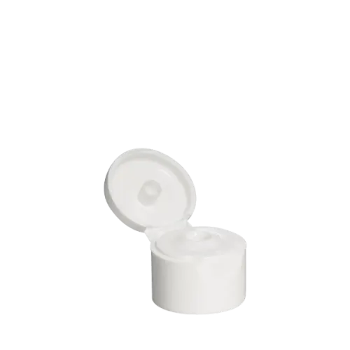 The image shows a Menshen PP Flip-Top Cap with a 24-410 neck finish. The cap is designed with a smooth, cylindrical body and features a hinged flip-top lid for easy opening and closing. The top of the cap is flat and the hinge is located on one side, allowing the lid to snap securely into place. The cap is made of polypropylene (PP) and is typically used for bottles containing liquids or gels. The overall design is sleek and functional, ideal for various packaging needs.