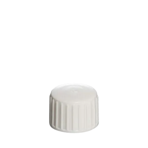 The image shows a Menshen PE Threaded Closure 13 Screw Closure. The product is a small, white, cylindrical screw cap designed for sealing containers. The cap has a ridged outer surface for better grip and appears to be made of plastic. The top of the closure is flat and smooth, and the threading on the inside is visible, indicating it is meant to be screwed onto a corresponding container.