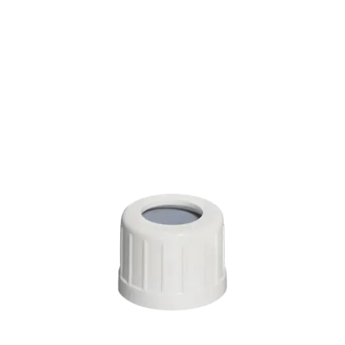 The image shows a Menshen PP 16 Screw Closure, which is a threaded cap typically used for sealing containers. The closure is round with a slightly textured surface, enhancing grip for easy opening and closing. The cap is depicted in a neutral color, likely white or light grey, and features a ridged edge for additional traction. The top surface appears smooth, possibly indicating a flat top design. The closure is designed to securely fit onto compatible threaded container openings.