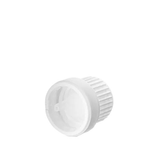 The image shows the Calaso PP Dropper DIN18. It features a clear glass bottle with a white, ribbed screw cap dropper. The dropper top has a smooth, rounded press button for easy dispensing of liquids, and the glass bottle is transparent, allowing the contents to be visible. The overall design is sleek and functional, suitable for storing and dispensing various liquids.