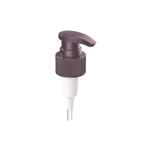 28-410 Ribbed PP Lotion Pump with Curved Down-Lock Head, 2cc Dosage with External Spring Design