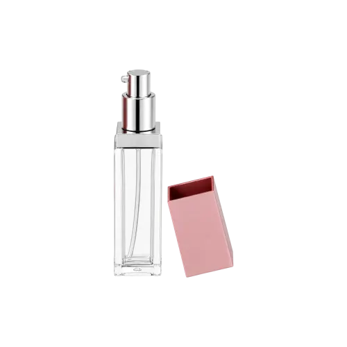 1oz / 34ml PETG Slim Square Cosmetic Bottle with Serum Pump & Rectangular Overcap