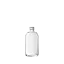 The image shows the Calaso 8.0oz Glass Bottle. This is a clear, cylindrical glass bottle featuring a smooth, sleek design. The bottle has a narrow neck and a threaded top, suitable for securing with a cap. It is empty and standing upright, showcasing its transparent nature and simple, elegant appearance.