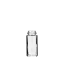 The image shows a clear, cylindrical glass bottle with a smooth surface and a sleek, modern design. The bottle, named Calaso 1.7oz Glass Bottle, has a wide base that tapers slightly towards the neck. The neck is short and finishes with a standard screw cap closure. The bottle is empty and showcased against a plain white background.