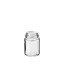 The image features the Calaso 2.5oz Glass Bottle, a small, clear glass container with a cylindrical shape. The bottle has a smooth, even surface and is topped with a screw cap. The cap appears to be metallic and fits securely onto the bottle's neck, which is slightly narrower than the body. The overall design is sleek and minimalistic, making it suitable for various uses. The bottle is displayed against a plain, white background, emphasizing its clean lines and clear glass material.