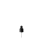 The image features the Calaso PP Dropper DIN18. It is a plastic dropper with a sleek, cylindrical design. The dropper is composed of a white cap with a smooth finish and an attached transparent pipette. The cap appears to have a ribbed texture at its base for better grip. The pipette is long and slender, designed to dispense small amounts of liquid accurately. The overall appearance is clean and functional, suitable for precision in dispensing liquid products.