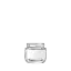 The image features the Calaso 2.5oz Glass Jar HM14011-100. It is a small, clear glass jar with a cylindrical shape and a wide mouth opening. The jar has smooth, transparent sides, allowing the contents to be visible from the outside. The top of the jar is fitted with a matching clear glass lid. The overall design is sleek and minimalistic.
