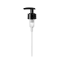 The image shows the Calaso PP Pump 28/410 FPB18A3C005, a plastic pump dispenser with a sleek design. The pump features a cylindrical body with a ribbed texture for better grip, a smooth pump head, and a long nozzle for dispensing liquid. The pump is primarily white with a clear dip tube extending from the bottom.