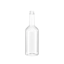 The image shows the Resilux 33.8oz PET Bottle B1000E3E. The bottle is transparent, cylindrical, and features a sleek, smooth surface. It has a narrow neck and a standard screw cap closure. The bottle is empty and positioned upright, showcasing its clear construction and simple, functional design.