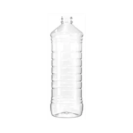 The image shows a clear, cylindrical Resilux 48.0oz PET bottle. The bottle has smooth, transparent walls and a standard screw-top opening. It is empty and stands upright, showcasing its ample capacity for various liquid contents. The design of the bottle is simple and functional, highlighting its versatility for packaging needs. 