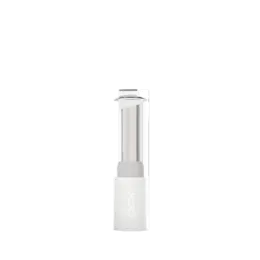 The image shows a sleek cylindrical lip balm container labeled as the JCOP 0.1oz ABS Lip Stick. The container is primarily white with a smooth, glossy finish. The cap is slightly rounded at the top and fits snugly over the base, which holds the lip balm. The design is minimalist and modern, suitable for cosmetic use.