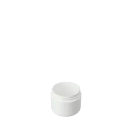 The image shows a Mold-Rite Plastics 2.0oz PP Jar. The jar is cylindrical with a smooth, glossy finish and appears to be made of white polypropylene (PP) plastic. It has a wide mouth and a screw-top lid, which is also white and smooth, ensuring a secure closure. The jar is simple and unadorned, suitable for various packaging needs. 