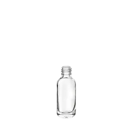 The image features the Calaso 0.3oz Glass Bottle. It is a small, cylindrical, transparent glass bottle with a smooth surface. The bottle has a narrow neck and an opening designed for a screw-on cap (not shown in the image). The overall design is sleek and minimalistic, suitable for holding small quantities of liquid products like essential oils, serums, or other cosmetic items.