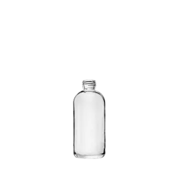 The image shows the Calaso 5.1oz Glass Bottle HF13843-100. It is a clear, cylindrical glass bottle with smooth, straight sides and a flat base. The bottle has a narrow neck that widens slightly towards the top, where it is finished with a standard screw cap opening. The overall design is simple and elegant, suitable for various liquid products.