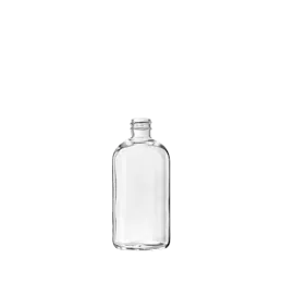 The image showcases the Calaso 8.5oz Glass Bottle, a cylindrical, clear glass container with smooth surfaces and a narrow neck. The bottle appears to be free of any labels or markings and has a clean, modern design. The neck is designed to accommodate a cap or closure, which is not shown in the image. The overall appearance of the bottle suggests it is intended for various liquid products.