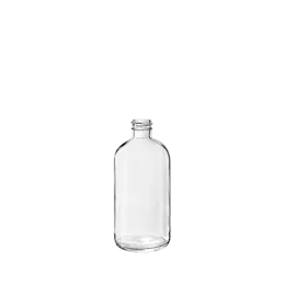 The image shows the Calaso 8.5oz Glass Bottle. It is a clear glass bottle with a cylindrical shape and a smooth surface. The bottle has a narrow neck and a screw-top opening, suitable for attaching a cap or dispenser. The design is simple and elegant, making it versatile for various uses.