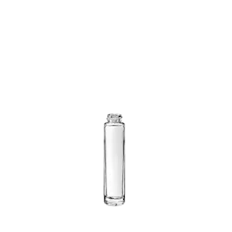 The image shows the Calaso 0.5oz Glass Bottle. It is a small, clear glass bottle with a cylindrical shape and a smooth surface. The bottle has a relatively short neck that leads to a narrow opening, which is designed to be sealed with a cap (not shown in the image). The glass appears thick and durable, and the overall design is sleek and minimalist.