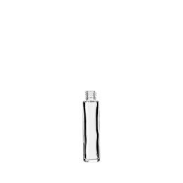 The image displays a clear glass bottle named "Calaso 0.3oz Glass Bottle." The bottle has a cylindrical shape with smooth, transparent glass and a flat base. It features a narrow neck and a screw-top opening, suitable for securely sealing the contents. The bottle has a minimalist design, showcasing the clarity and quality of the glass material.