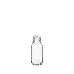The image features the Calaso 2.0oz Glass Bottle. It is a small, clear glass bottle with a cylindrical shape and a wide, flat base. The neck of the bottle is narrow and threaded, designed to accommodate a screw-on cap or dropper. The bottle is empty, showcasing its transparent nature and smooth surface, making it suitable for various liquids such as essential oils, serums, or other cosmetic products.