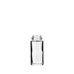 The image shows a clear, cylindrical glass bottle with a smooth surface and a sleek, modern design. The bottle, named Calaso 1.7oz Glass Bottle, has a wide base that tapers slightly towards the neck. The neck is short and finishes with a standard screw cap closure. The bottle is empty and showcased against a plain white background.