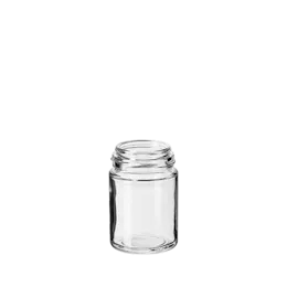 The image features the Calaso 2.5oz Glass Bottle, a small, clear glass container with a cylindrical shape. The bottle has a smooth, even surface and is topped with a screw cap. The cap appears to be metallic and fits securely onto the bottle's neck, which is slightly narrower than the body. The overall design is sleek and minimalistic, making it suitable for various uses. The bottle is displayed against a plain, white background, emphasizing its clean lines and clear glass material.