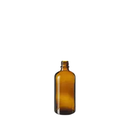 The image features the Calaso 3/4oz Glass Dropper Bottle. This is a small, clear glass bottle equipped with a black dropper cap. The bottle has a cylindrical shape with smooth, transparent glass walls, allowing the contents to be seen inside. The dropper cap consists of a black rubber bulb attached to a glass pipette, designed for precise liquid dispensing. The overall design is sleek and simple, ideal for storing and applying small amounts of liquid.