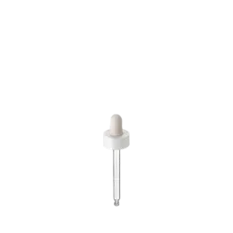 The image shows the Calaso PP Dropper 18-400 (MCB05A3A002-001), a small, clear, cylindrical glass bottle with a black plastic dropper cap. The dropper cap has a rubber bulb on top, which is used to dispense liquids in controlled drops. The bottle is empty and designed for storing and dispensing small amounts of liquid products. The overall design is simple and functional.
