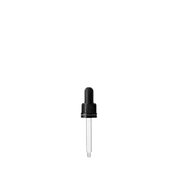 The image shows the Calaso PP Dropper DIN18. It features a white plastic dropper cap with a slender, tapered nozzle designed for precise dispensing. The cap is attached to a transparent glass bottle, which has a cylindrical shape and smooth surface. The dropper is positioned vertically, highlighting its sleek and functional design.