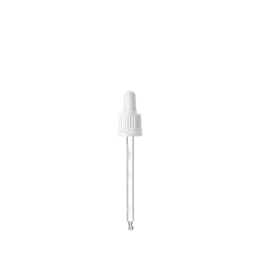 The image displays the Calaso PP Dropper DIN18. It features a sleek, cylindrical design with a white plastic cap and a clear glass pipette. The dropper is designed for precision dispensing, with the pipette extending below the cap. The product appears to be intended for use with liquids, such as essential oils or serums. The overall design is minimalistic and functional.