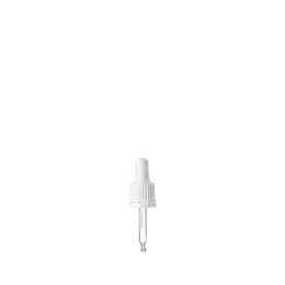 The image depicts the Calaso PP Dropper DIN18. It features a white plastic dropper cap attached to a cylindrical, clear glass bottle. The dropper cap has a ribbed texture for easy grip, and the bottle is transparent, allowing the contents to be visible. The overall design is sleek and minimalist, suitable for dispensing liquids in controlled amounts.