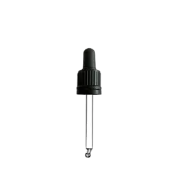 The image shows the Calaso PP Dropper DIN18. It is a clear plastic dropper with a white ribbed cap. The dropper features a slender, elongated design and is typically used for dispensing small amounts of liquid. The dropper tip is rounded and smooth, ensuring precise application of the liquid product.