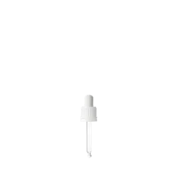 The image shows the Calaso PP Dropper DIN18. The product consists of a clear, cylindrical glass bottle with a black screw cap dropper. The dropper cap has a smooth, matte finish and an attached pipette for dispensing liquids. The overall design is sleek and minimalist, ideal for precise application of liquid products.