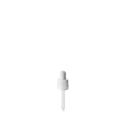 The image shows the Calaso PP Dropper DIN18, a precision dropper designed for dispensing liquids. The dropper consists of a clear, cylindrical glass pipette attached to a white plastic screw cap with ribbed edges for an easy grip. The dropper's cap appears to be securely fastened and features a sleek, modern design, suitable for use with various liquid products.