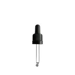 The image features the Glasmeister PP Dropper DIN18 RGB02C3A025-200. It is a sleek, cylindrical dropper bottle with a glossy black finish. The dropper cap is also black, equipped with a rubber bulb for dispensing liquid products. The design is minimalistic and modern, suitable for various liquid applications like essential oils, serums, or other cosmetic products.