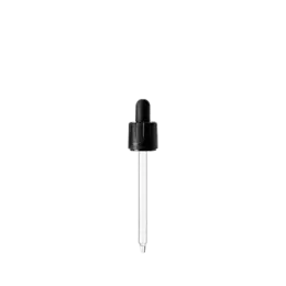 The image shows a close-up view of the Calaso PP Dropper DIN18. The dropper features a black, ribbed cap with a smooth finish and an attached transparent glass pipette. The pipette is cylindrical, tapering slightly towards the bottom, and is designed to dispense liquids in controlled drops. The overall appearance is sleek and functional, suitable for various liquid dispensing needs.