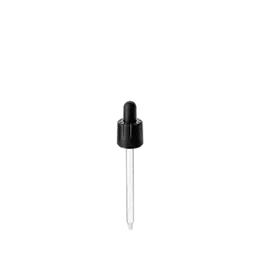 The image showcases the Calaso PP Dropper DIN18. It features a clear glass bottle with a screw-on black dropper cap. The dropper cap has a squeezable rubber bulb at the top, which is used to draw and dispense liquids. The bottle and dropper are shown against a plain white background, highlighting the product's design and functionality.