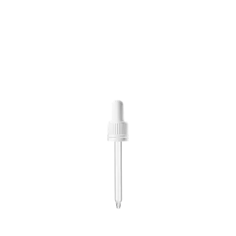 The image features the Calaso PP Dropper DIN18. The dropper consists of a black cap with a ribbed texture for easy grip and a clear glass pipette. The dropper is designed to fit DIN18 bottles and is displayed against a white background.