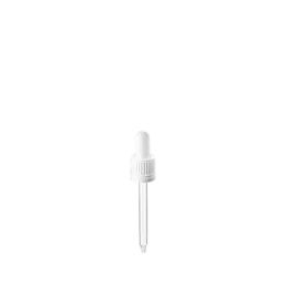 The image shows the Calaso PP Dropper DIN18. It features a white plastic dropper cap with a built-in pipette for dispensing liquids. The dropper is positioned upright, showcasing its sleek and functional design. The product name, "Calaso PP Dropper DIN18," is clearly associated with the image.