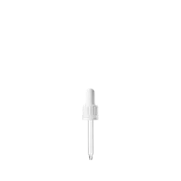 The image features the Calaso PP Dropper DIN18. The dropper consists of a clear, cylindrical glass bottle with a black screw cap dropper top. The dropper cap includes a white rubber bulb and a glass pipette extending down into the bottle. The overall design is sleek and straightforward, highlighting the functionality of the dropper mechanism.