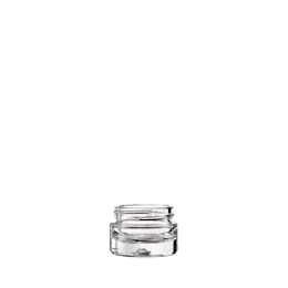 The image shows a small, clear glass jar with a round shape and a wide opening. The jar has a smooth, cylindrical body and a flat base. The product name is "Glasmeister 0.5oz Glass Jar HD14149-100."