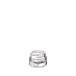 The image shows the Glasmeister 0.5oz Glass Jar HD14149-100. It is a small, clear glass jar with a wide mouth and a smooth, cylindrical shape. The jar has a simple and elegant design, and the glass is transparent, allowing the contents inside to be visible. The jar is empty and has no lid in the image.