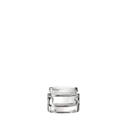 The image displays the Calaso 1.0oz Glass Jar, model HD14150-100. The jar is clear and cylindrical with smooth, straight sides and a flat, round base. The jar has a wide mouth, making it suitable for easy filling and dispensing of contents. The glass appears to be thick and sturdy, providing a high-quality look and feel to the product. There is no lid shown in the image. The overall appearance is sleek and minimalist, ideal for various uses such as cosmetics, creams, or other small quantities of products.