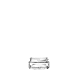 The image displays a clear, cylindrical glass jar with a smooth, rounded base and a wide mouth. The jar appears to be empty and is shown without a lid, highlighting its simple and elegant design. This product is the Calaso 1.7oz Glass Jar.