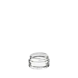 The image shows the Glasmeister Calaso 1.7oz Glass Jar. The jar is made of clear glass and has a sleek, cylindrical shape with a smooth finish. The neck of the jar is slightly narrower than the body, designed to accommodate a lid (not shown in the image). The glass is transparent, allowing the contents to be visible. The jar is empty and stands upright, showcasing its elegant design.