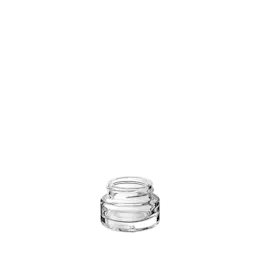 The image shows a clear, empty glass jar with a smooth, cylindrical shape and a wide mouth. The jar sits against a plain white background, highlighting its transparent nature and simple, elegant design. This product is the Calaso 0.5oz Glass Jar.
